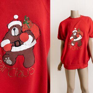 Vintage Santa Bear Holiday Christmas Sweater - 1980s 80s Teddy Red Ugly